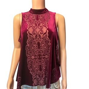 Gypsies & Moondust Burnout Velvet Mock Neck Sleeveless‎ Top Burgundy Size M